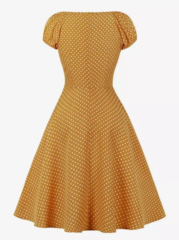 Polka Dot Midi Vintage Dress With Puff Sleeve And Front Tie 2026