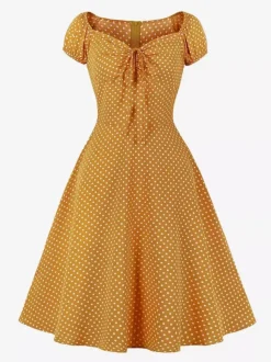 Polka Dot Midi Vintage Dress With Puff Sleeve And Front Tie 2026
