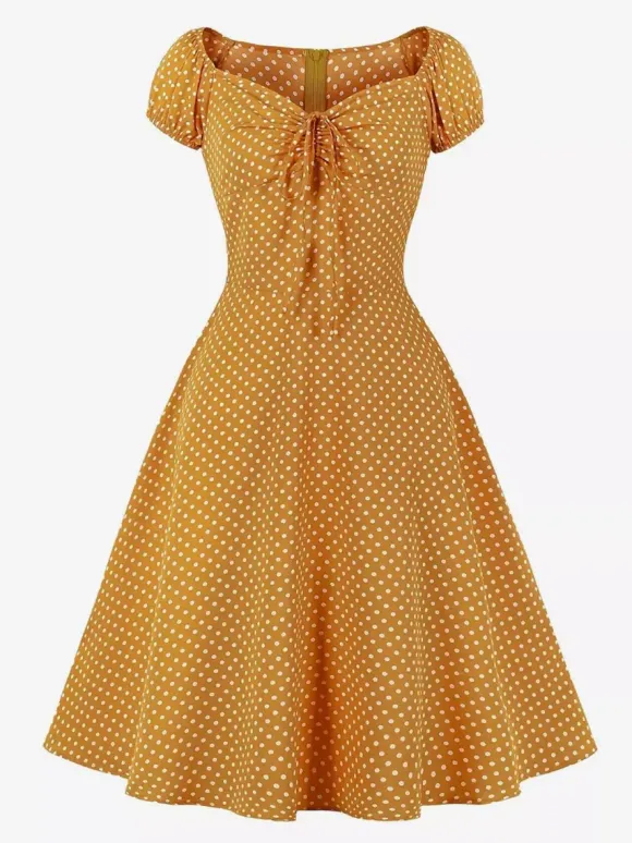 Polka Dot Midi Vintage Dress With Puff Sleeve And Front Tie 2026