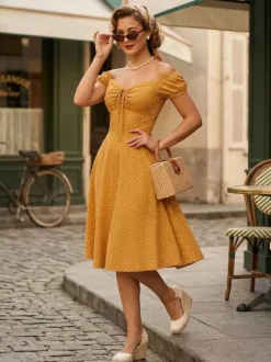 Polka Dot Midi Vintage Dress With Puff Sleeve And Front Tie 2026