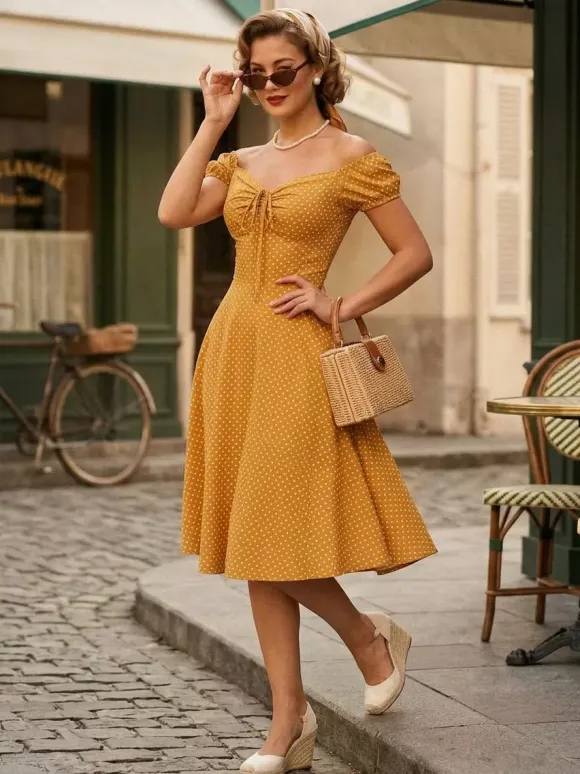 Polka Dot Midi Vintage Dress With Puff Sleeve And Front Tie 2026