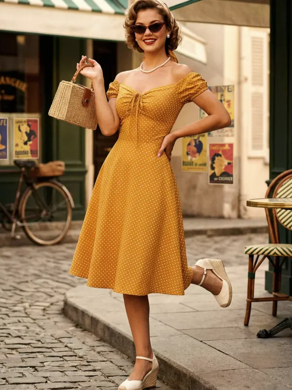 Polka Dot Midi Vintage Dress With Puff Sleeve And Front Tie 2026