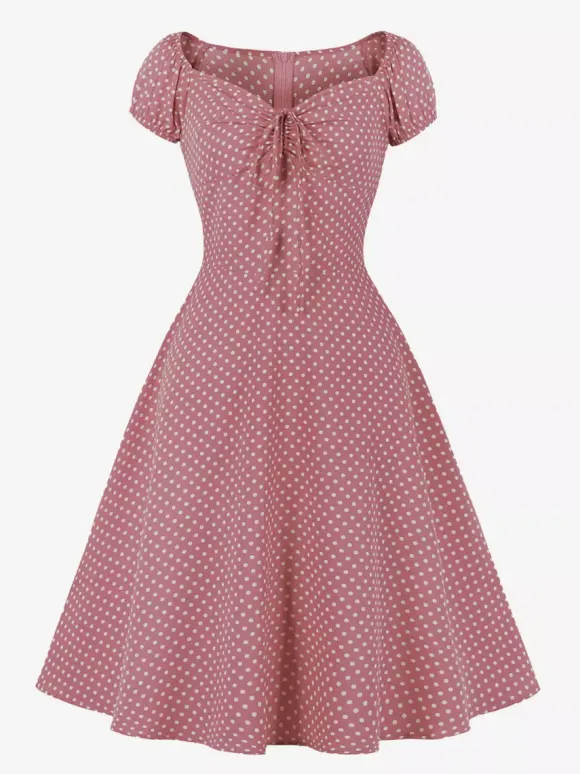 Polka Dot Midi Vintage Dress With Puff Sleeve And Front Tie 2026