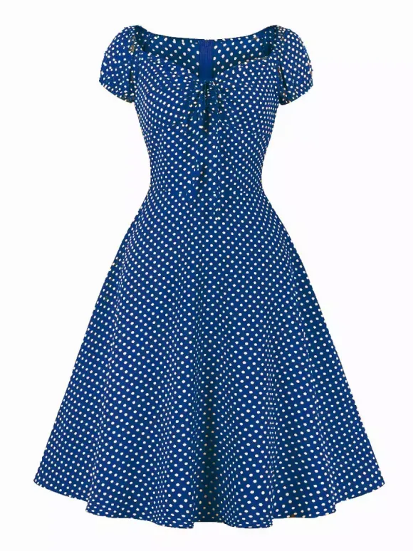 Polka Dot Midi Vintage Dress With Puff Sleeve And Front Tie 2026