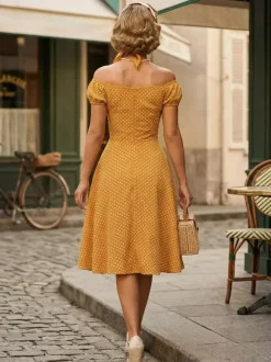 Polka Dot Midi Vintage Dress With Puff Sleeve And Front Tie 2026