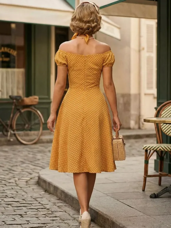 Polka Dot Midi Vintage Dress With Puff Sleeve And Front Tie 2026