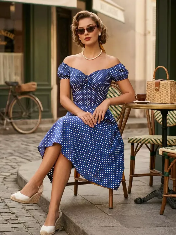 Polka Dot Midi Vintage Dress With Puff Sleeve And Front Tie 2026