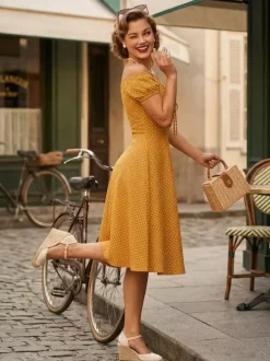 Polka Dot Midi Vintage Dress With Puff Sleeve And Front Tie 2026