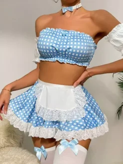 Polka Dot Off Shoulder French Maid Lingerie Costume 4 Piece Set