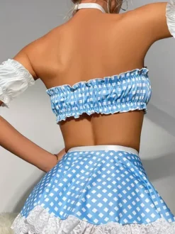 Polka Dot Off Shoulder French Maid Lingerie Costume 4 Piece Set