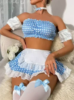 Polka Dot Off Shoulder French Maid Lingerie Costume 4 Piece Set