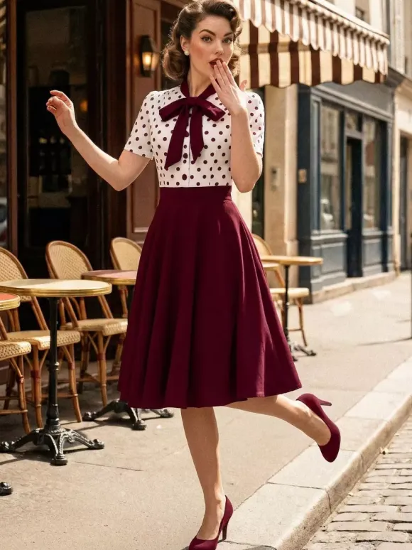 Polka Dot Patchwork Bow Tie Neck Short Sleeve Retro Swing Dress For Women 2026