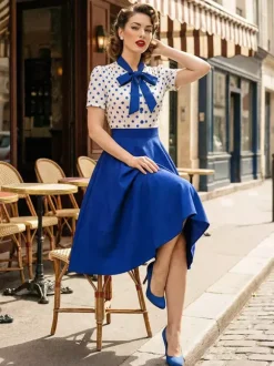 Polka Dot Patchwork Bow Tie Neck Short Sleeve Retro Swing Dress For Women 2026