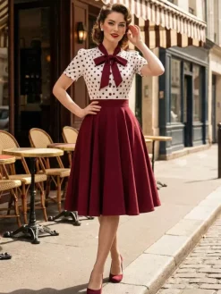 Polka Dot Patchwork Bow Tie Neck Short Sleeve Retro Swing Dress For Women 2026