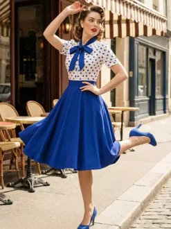 Polka Dot Patchwork Bow Tie Neck Short Sleeve Retro Swing Dress For Women 2026