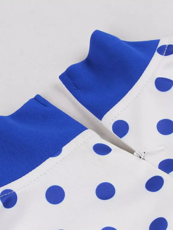 Polka Dot Patchwork Bow Tie Neck Short Sleeve Retro Swing Dress For Women 2026