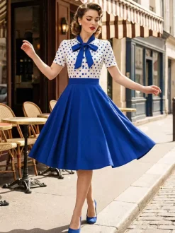 Polka Dot Patchwork Bow Tie Neck Short Sleeve Retro Swing Dress For Women 2026