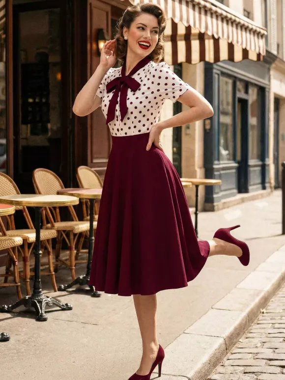 Polka Dot Patchwork Bow Tie Neck Short Sleeve Retro Swing Dress For Women 2026
