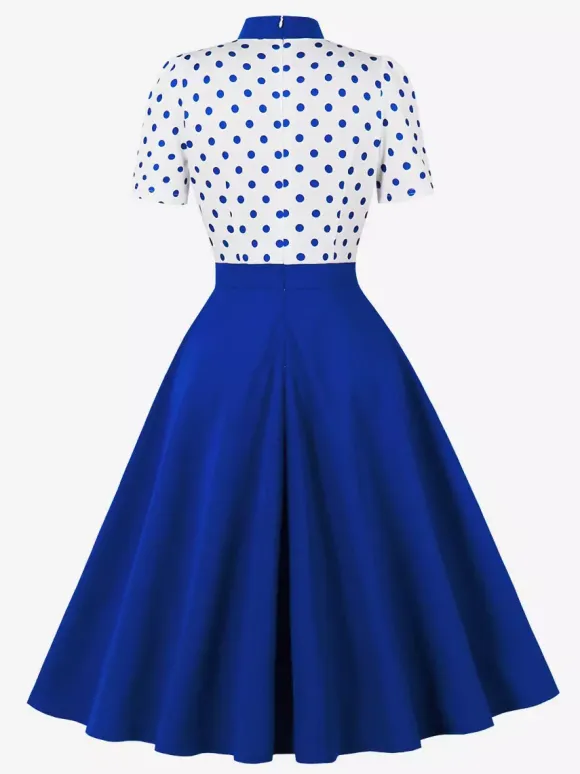 Polka Dot Patchwork Bow Tie Neck Short Sleeve Retro Swing Dress For Women 2026