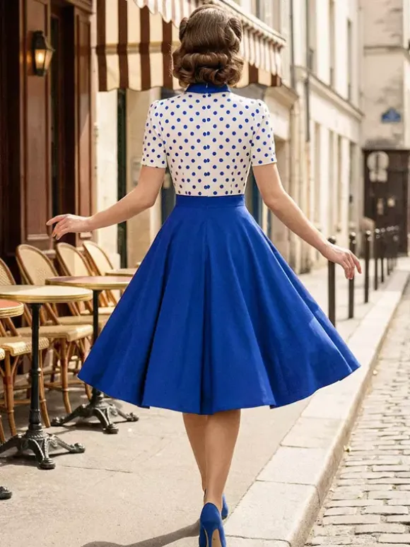Polka Dot Patchwork Bow Tie Neck Short Sleeve Retro Swing Dress For Women 2026