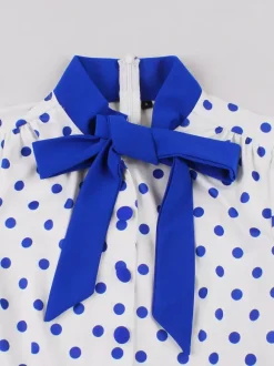 Polka Dot Patchwork Bow Tie Neck Short Sleeve Retro Swing Dress For Women 2026