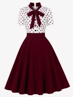 Polka Dot Patchwork Bow Tie Neck Short Sleeve Retro Swing Dress For Women 2026