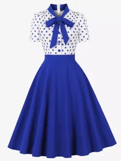 Polka Dot Patchwork Bow Tie Neck Short Sleeve Retro Swing Dress For Women 2026