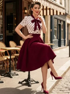Polka Dot Patchwork Bow Tie Neck Short Sleeve Retro Swing Dress For Women 2026