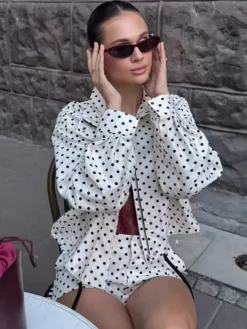 Polka Dot 2 Piece Set For Women - Casual Crop Jacket And Shorts - Spring Streetwear 2026