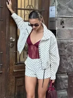 Polka Dot 2 Piece Set For Women - Casual Crop Jacket And Shorts - Spring Streetwear 2026