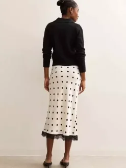 Polka Dot Satin Midi Skirt High Waist Slim Fit Lace Hem Elegant Formal Party Pencil Skirt