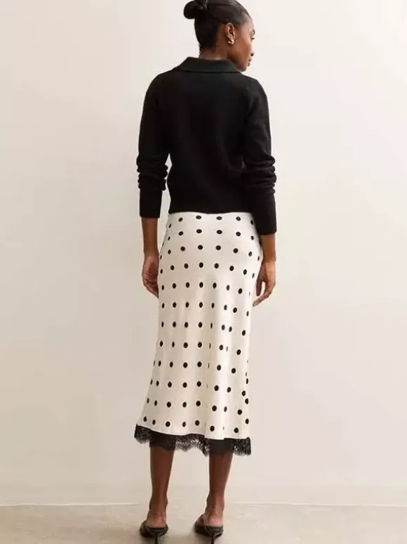 Polka Dot Satin Midi Skirt High Waist Slim Fit Lace Hem Elegant Formal Party Pencil Skirt