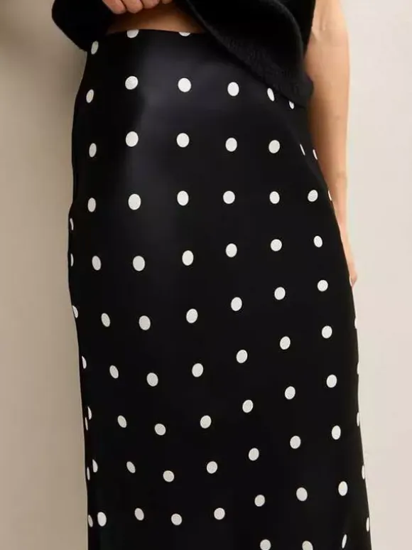 Polka Dot Satin Midi Skirt High Waist Slim Fit Lace Hem Elegant Formal Party Pencil Skirt