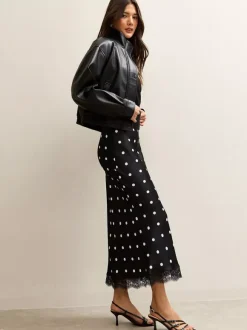 Polka Dot Satin Midi Skirt High Waist Slim Fit Lace Hem Elegant Formal Party Pencil Skirt