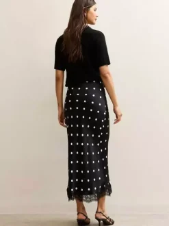 Polka Dot Satin Midi Skirt High Waist Slim Fit Lace Hem Elegant Formal Party Pencil Skirt
