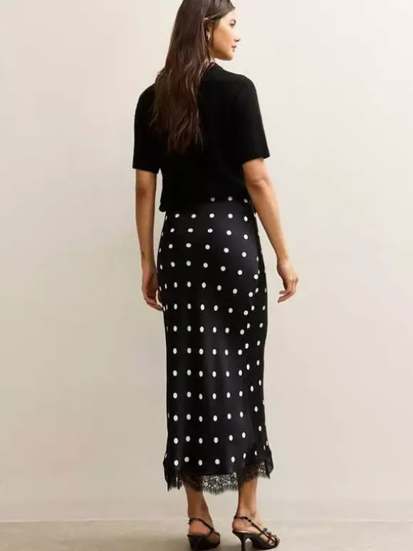 Polka Dot Satin Midi Skirt High Waist Slim Fit Lace Hem Elegant Formal Party Pencil Skirt