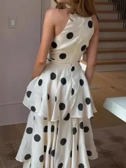 Polka Dot Skirt Two Piece Set For Women - Retro Halter Neck Crop Top And Tiered Maxi Skirt - Summer Garden Party 2026