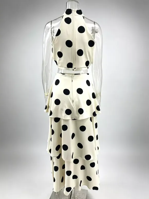 Polka Dot Skirt Two Piece Set For Women - Retro Halter Neck Crop Top And Tiered Maxi Skirt - Summer Garden Party 2026