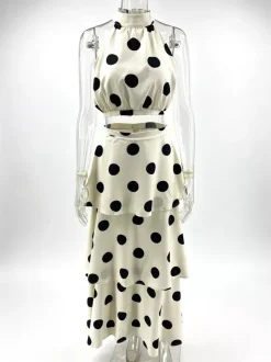 Polka Dot Skirt Two Piece Set For Women - Retro Halter Neck Crop Top And Tiered Maxi Skirt - Summer Garden Party 2026