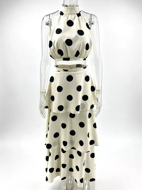 Polka Dot Skirt Two Piece Set For Women - Retro Halter Neck Crop Top And Tiered Maxi Skirt - Summer Garden Party 2026