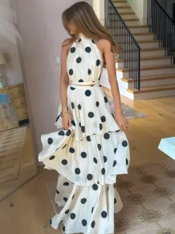 Polka Dot Skirt Two Piece Set For Women - Retro Halter Neck Crop Top And Tiered Maxi Skirt - Summer Garden Party 2026