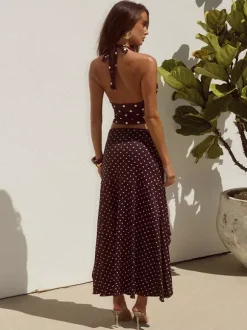 Polka Dot Two Piece Set For Women - White Halter Cowl Neck Top And Ruffled Low High Maxi Skirt - Summer Beach Vacation 2026