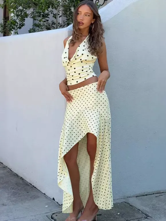 Polka Dot Two Piece Set For Women - White Halter Cowl Neck Top And Ruffled Low High Maxi Skirt - Summer Beach Vacation 2026