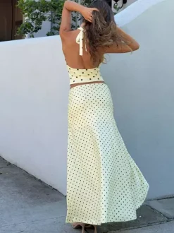 Polka Dot Two Piece Set For Women - White Halter Cowl Neck Top And Ruffled Low High Maxi Skirt - Summer Beach Vacation 2026