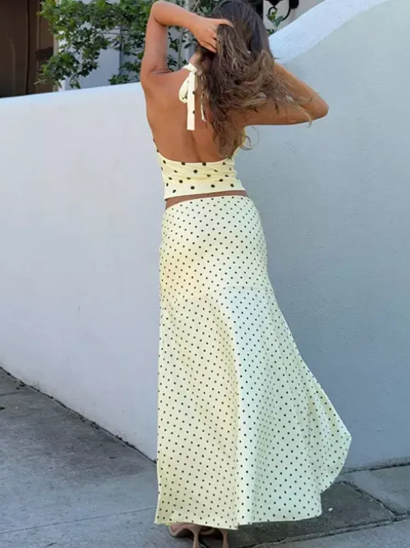 Polka Dot Two Piece Set For Women - White Halter Cowl Neck Top And Ruffled Low High Maxi Skirt - Summer Beach Vacation 2026