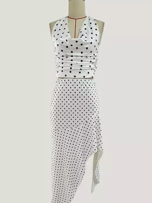 Polka Dot Two Piece Set For Women - White Halter Cowl Neck Top And Ruffled Low High Maxi Skirt - Summer Beach Vacation 2026