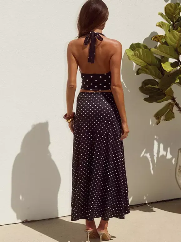 Polka Dot Two Piece Set For Women - White Halter Cowl Neck Top And Ruffled Low High Maxi Skirt - Summer Beach Vacation 2026