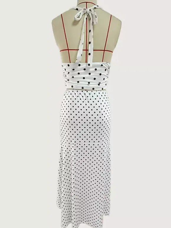 Polka Dot Two Piece Set For Women - White Halter Cowl Neck Top And Ruffled Low High Maxi Skirt - Summer Beach Vacation 2026