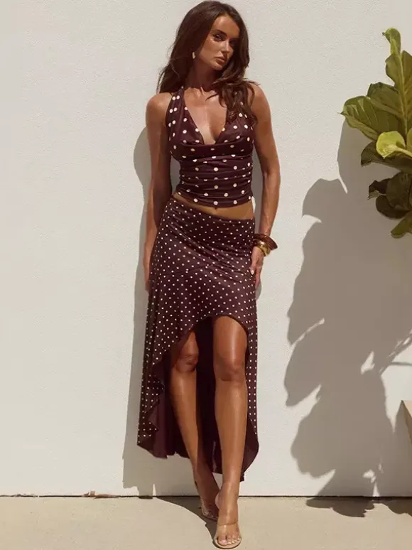 Polka Dot Two Piece Set For Women - White Halter Cowl Neck Top And Ruffled Low High Maxi Skirt - Summer Beach Vacation 2026
