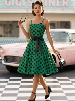 Polka Dot Vintage Midi Swing Dress for Women - 1950s A-Line Belted Rockabilly Slip Sun Dress - Summer Holiday Party 2026